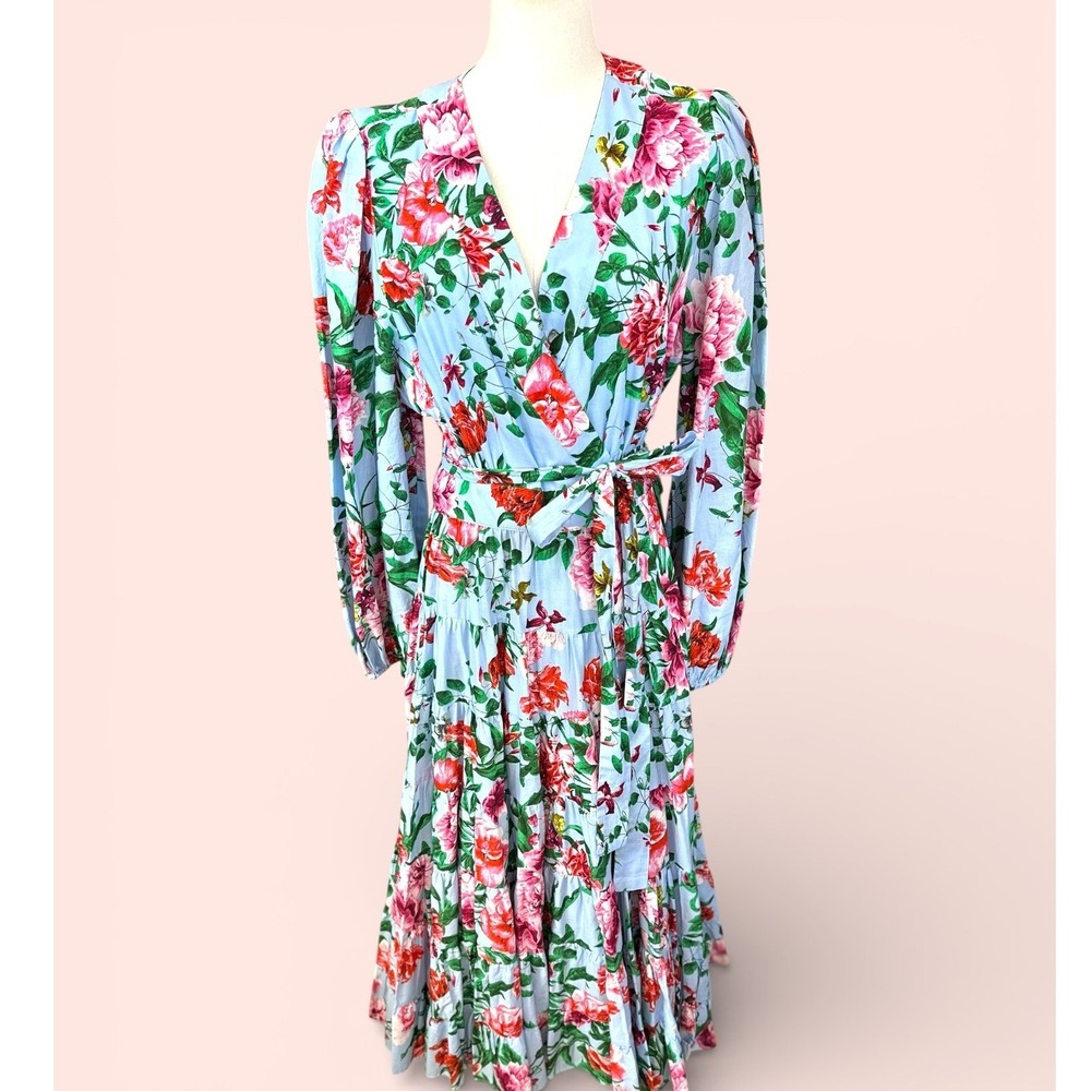 Gibson + Latimer NWT SZ XL Floral Midi Dress Blue Pink Wrap Tiered Puff Sleeve - Picture 2 of 15